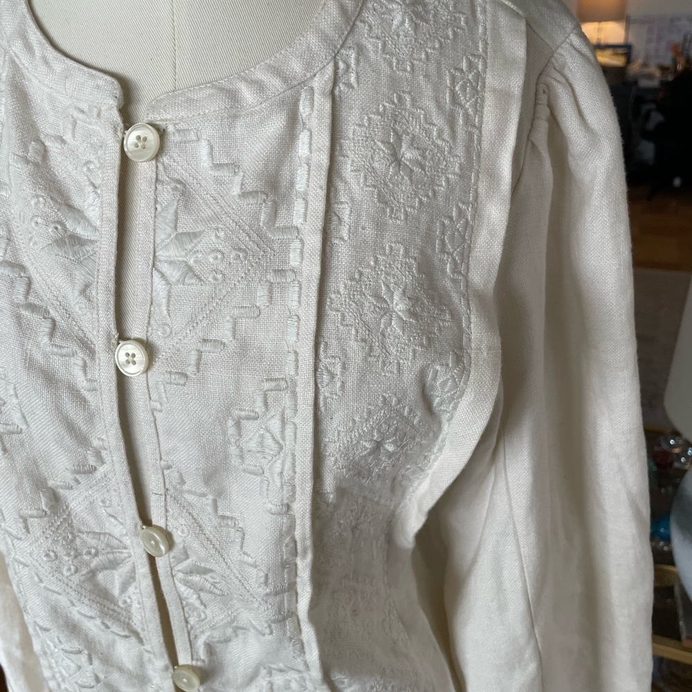 J Crew sz 10 ivory linen embroidered waist-tie jacket #J2716